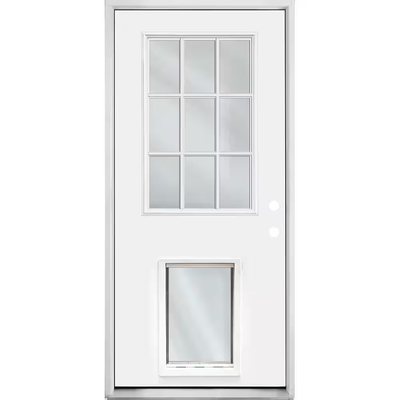 Steves & Sons 32 in. x 80 in. Reliant Series Clear 9-Lite LHIS White Primed Fiberglass Prehung Back Door with Extra Large Pet Door