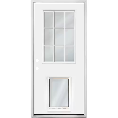 Steves & Sons 32 in. x 80 in. Reliant Series Clear 9-Lite RHIS White Primed Fiberglass Prehung Front Door with Extra Large Pet Door