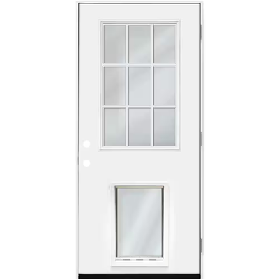 Steves & Sons 32 in. x 80 in. Reliant Series Clear 9 Lite LHOS White Primed Fiberglass Prehung Back Door with Extra Large Pet Door