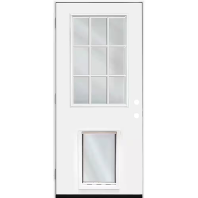 Steves & Sons 32 in. x 80 in. Reliant Series Clear 9 Lite RHOS White Primed Fiberglass Prehung Front Door with Extra Large Pet Door