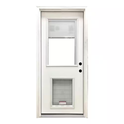 Steves & Sons 32 in. x 80 in. Reliant Series Clear Mini-Blind LHIS White Primed Fiberglass Prehung Front Door with XL Pet Door