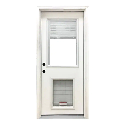 Steves & Sons 32 in. x 80 in. Reliant Series Clear Mini-Blind RHIS White Primed Fiberglass Prehung Front Door with XL Pet Door