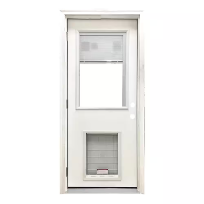 Steves & Sons 32 in. x 80 in. Reliant Series Clear Mini-Blind RHOS White Primed Fiberglass Prehung Front Door with XL Pet Door