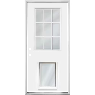 Steves & Sons 36 in. x 80 in. Reliant Series White Primed RHIS 9-Lite Clear Fiberglass Prehung Front Door with Extra Large Pet Door