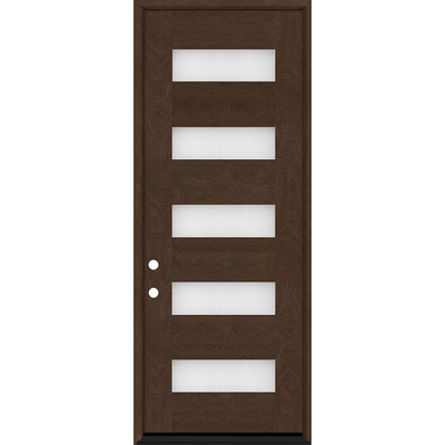 Steves & Sons Regency 36 in. W. x 96 in. 5 L Modern Frosted Glass RHIS Hickory-Stained Fiberglass Prehung Front Door