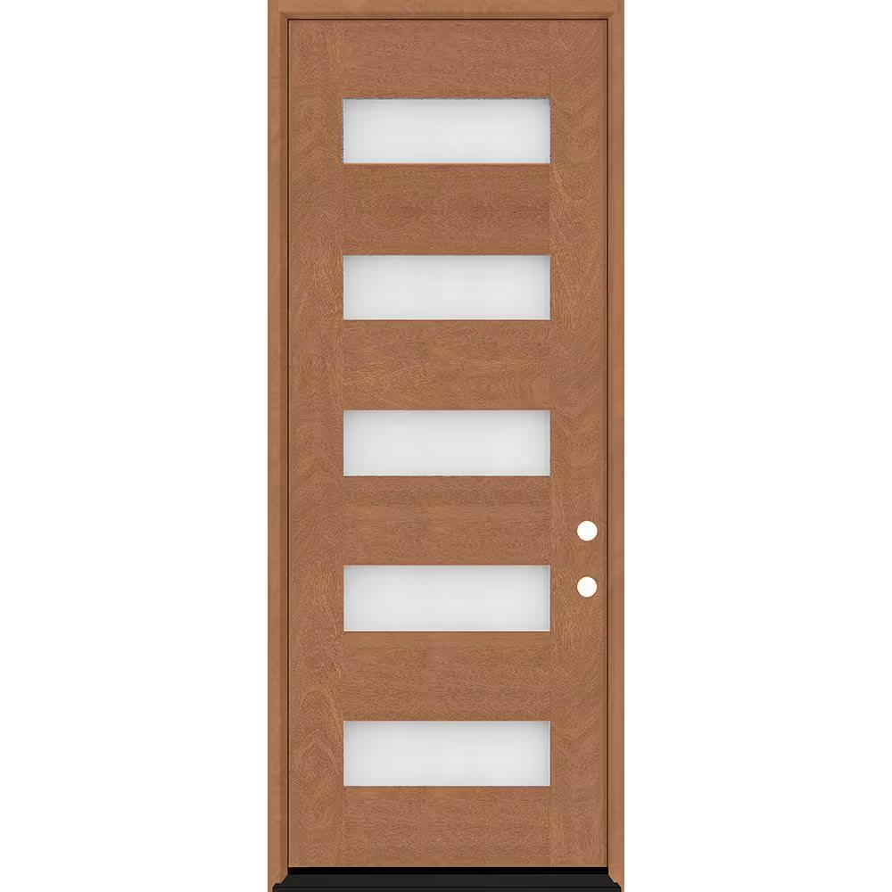 Steves & Sons Regency 36 in. x 96 in. 5L Modern Frosted Glass LHIS Autumn Wheat-Stained Fiberglass Prehung Front Door