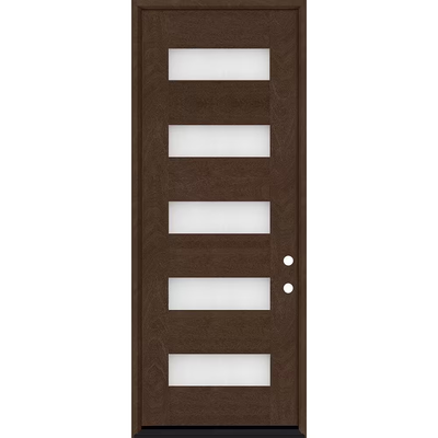 Steves & Sons Regency 36 in. x 96 in. 5L Modern Frosted Glass LHIS Hickory Stained Fiberglass Prehung Front Door