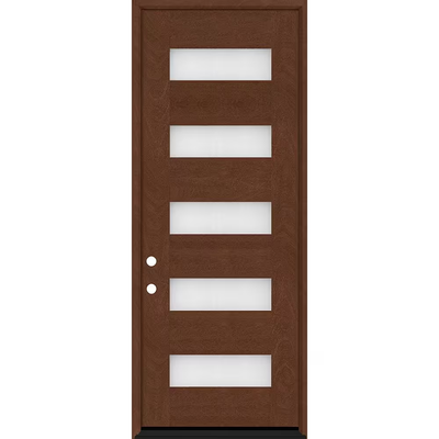 Steves & Sons Regency 36 in. x 96 in. 5L Modern Frosted Glass RHIS Chestnut Stained Fiberglass Prehung Front Door