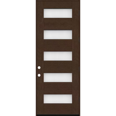 Steves & Sons Regency 36 in. x 96 in. 5L Modern LHOS Frosted Glass Hickory-Stained Fiberglass Prehung Front Door