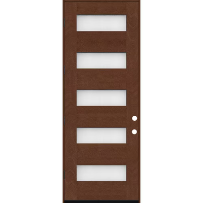 Steves & Sons Regency 36 in. x 96 in. 5L Modern Opaque Glass RHOS Chestnut Stained Fiberglass Prehung Front Door