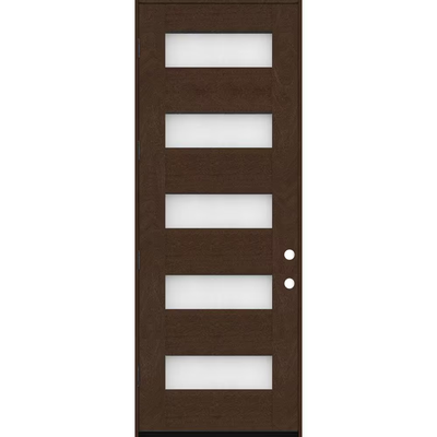 Steves & Sons Regency 36 in. x 96 in. 5L Modern Opaque Glass RHOS Hickory-Stained Fiberglass Prehung Front Door