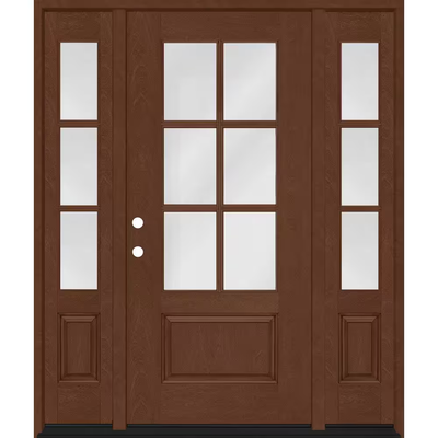 Steves & Sons Regency 64 in. x 80 in. 3/4-6 Lite Clear Glass RH Chestnut Stain Mahogany Fiberglass Prehung Front Door w/Dbl 12in.SL