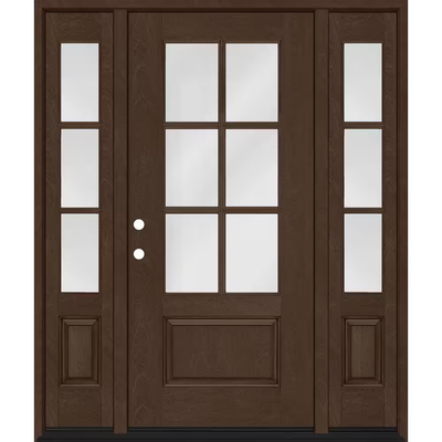 Steves & Sons Regency 64 in. x 80 in. 3/4-6 Lite Clear Glass RH Hickory Stain Mahogany Fiberglass Prehung Front Door w/Dbl 12in.SL