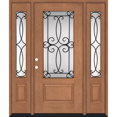 Steves & Sons Regency 64 in. x 80 in. 3/4-Lite Georgian Decorative Glass RHIS AW Mahogany Fiberglass Prehung Front Door w/Dbl12in.SL