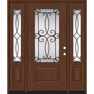 Steves & Sons Regency 64 in. x 80 in. 3/4Lite Georgian Decorative Glass LHIS Chestnut Mahogany Fiberglass Prehung Front Door w/12inSLs