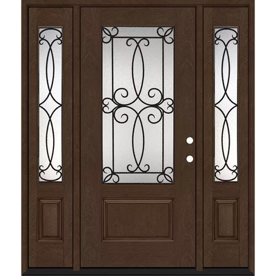 Steves & Sons Regency 64 in. x 80 in. 3/4Lite Georgian Decorative Glass LHIS Hickory Mahogany Fiberglass Prehung Front Door w/12in.SLs