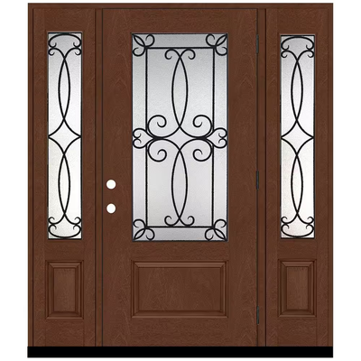 Steves & Sons Regency 64 in. x 80 in. 3/4Lite Georgian Decorative Glass LHOS Chestnut Mahogany Fiberglass Prehung Front Door w/12inSLs