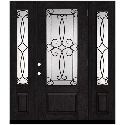 Steves & Sons Regency 64 in. x 80 in. 3/4Lite Georgian Decorative Glass LHOS Onyx Mahogany Fiberglass Prehung Front Door w/Dbl12in.SL