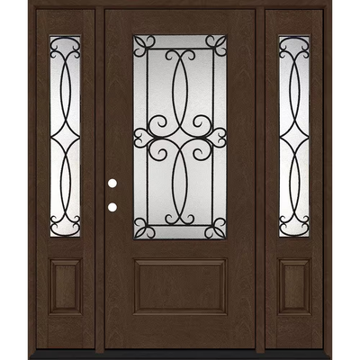 Steves & Sons Regency 64 in. x 80 in. 3/4Lite Georgian Decorative Glass RHIS Hickory Mahogany Fiberglass Prehung Front Door w/12in.SLs