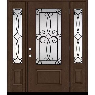 Steves & Sons Regency 64 in. x 80 in. Georgian Decorative Glass LHOS 3/4Lite Hickory Mahogany Fiberglass Prehung Front Door w/12in.SLs