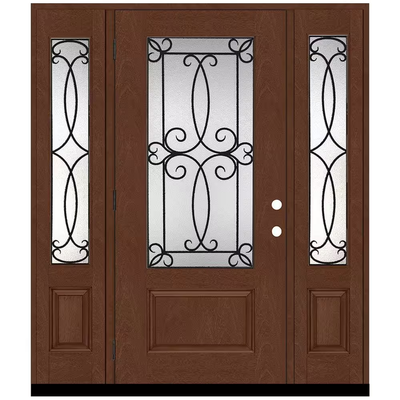 Steves & Sons Regency 64 in. x 80 in. Georgian Decorative Glass RHOS 3/4Lite Chestnut Mahogany Fiberglass Prehung Front Door w/12inSLs