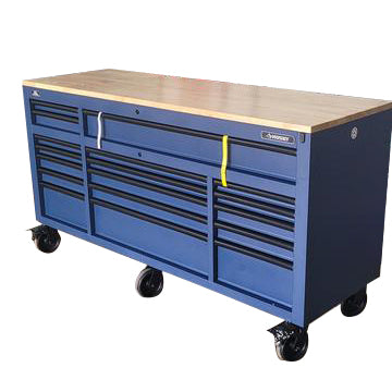 Husky Tool Storage 72 in. W Heavy Duty Matte Blue Mobile Workbench Cabinet Adjustable Height Solid Wood Top