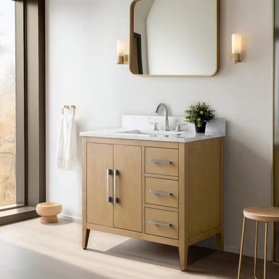 Vanity Art 36 in. W. x 22 in. D x 34 in. H Single Sink Bathroom Vanity Cabinet in Natural Oak with Engineered Marble Top in White