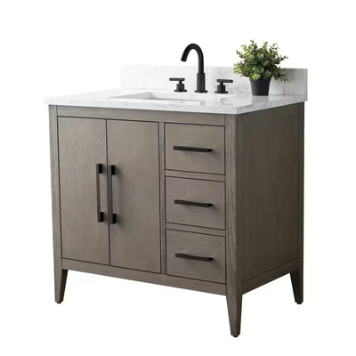 Vanity Art 36 in. W x 22 in. D x 34 in. H Single-Sink Bath Vanity in Driftwood Gray with Engineered Marble Top in Arabescato White