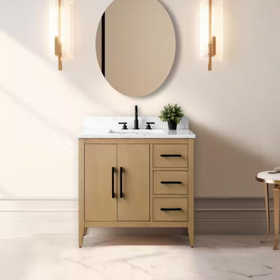 Vanity Art 36 in. W x 22 in. D x 34 in. H Single-Sink Bathroom Vanity in Natural Oak with Engineered Marble Top in Arabescato White