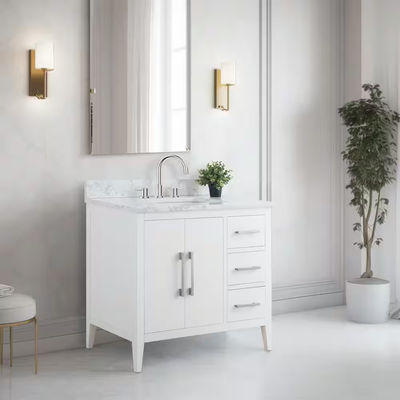 Vanity Art 36 in. W x 22 in. D x 34 in. H Single Sink Bathroom Vanity Cabinet in White with Engineered Marble Top in White