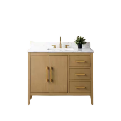 Vanity Art 42 in. W x 22 in. D x 34 in. H Single-Sink Bathroom Vanity in Natural Oak with Engineered Marble Top in Arabescato White