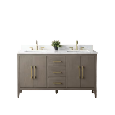 Vanity Art 60 in. W x 22 in. D x 34 in. H Double-Sink Bath Vanity in Driftwood Gray with Engineered Marble Top in Arabescato White