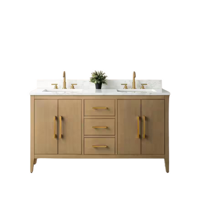 Vanity Art 60 in. W x 22 in. D x 34 in. H Double-Sink Bathroom Vanity in Natural Oak with Engineered Marble Top in Arabescato White