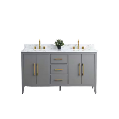 Vanity Art 60 in. W x 22 in. D x 34 in. H Double Sink Bathroom Vanity Cabinet in Cashmere Gray with Engineered Marble Top in White