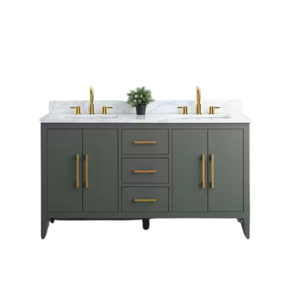 Vanity Art 60 in. W x 22 in. D x 34 in. H Double Sink Bathroom Vanity Cabinet in Vintage Green with Engineered Marble Top in White