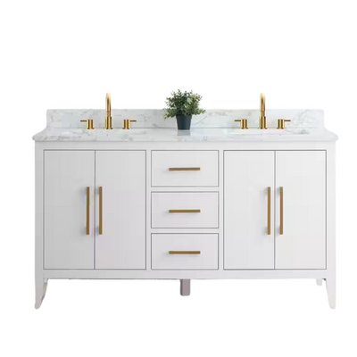 Vanity Art 60 in. W x 22 in. D x 34 in. H Double Sink Bathroom Vanity Cabinet in White with Engineered Marble Top in White