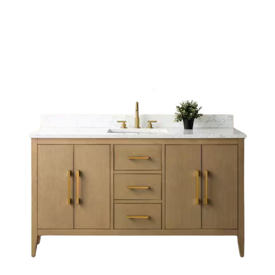 Vanity Art 60 in. W x 22 in. D x 34 in. H Single-Sink Bathroom Vanity in Natural Oak with Engineered Marble Top in Arabescato White