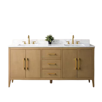 Vanity Art 72 in. W x 22 in. D x 34 in. H Double-Sink Bathroom Vanity in Natural Oak with Engineered Marble Top in Arabescato White