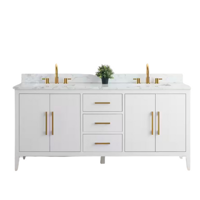 Vanity Art 72 in. W x 22 in. D x 34 in. H Double Sink Bathroom Vanity Cabinet in White with Engineered Marble Top