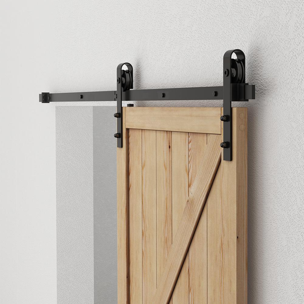6 ft./72 in. Black Steel Bent Strap Sliding Barn Door Track and Hardware Kit with 12 in. Cylinder Handle and Floor Guide - Super Arbor