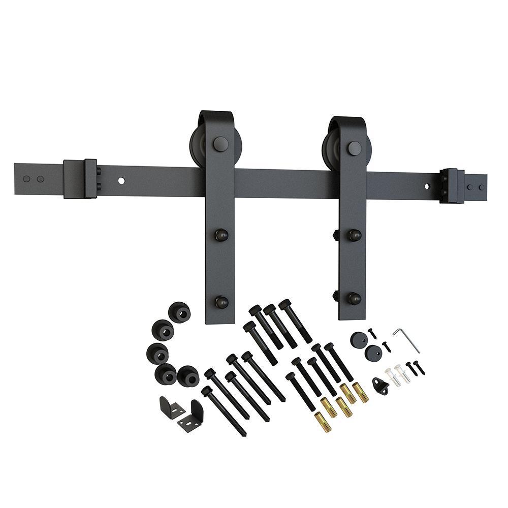 78 in. Black Solid Steel Rolling Barn Door Hardware Kit for Single Wood Doors with Non-Routed Adjustable Floor Guides - Super Arbor