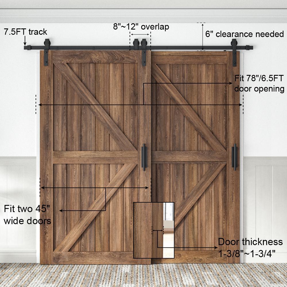 7.5 ft./90 in. Single Track Bypass Barn Door Hardware Double Doors Kit, Heavy-Duty Sliding 1-Track Antique Roller - Super Arbor