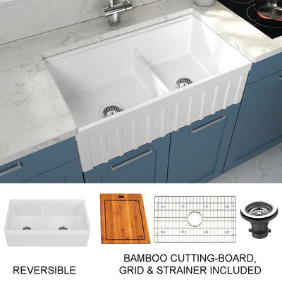 Yorkshire Farmhouse Fireclay 33 in. 55/45 Double Bowl Kitchen Sink with Cutting-Board, Grid and Strainer in White - Super Arbor