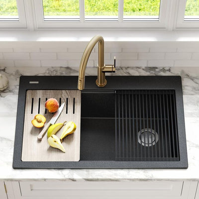 Bellucci Metallic Black Granite Composite 33 in. Single Bowl Drop-In Workstation Kitchen Sink with Accessories
