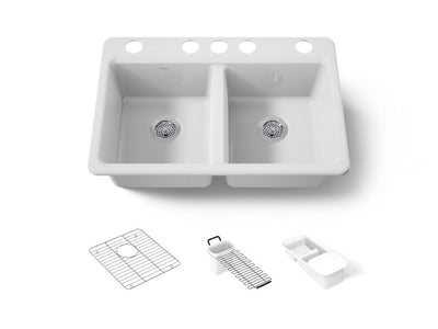 KOHLER Riverby Undermount Cast Iron 33 in. 5-Hole Double Bowl Kitchen Sink Kit in White with Accessories