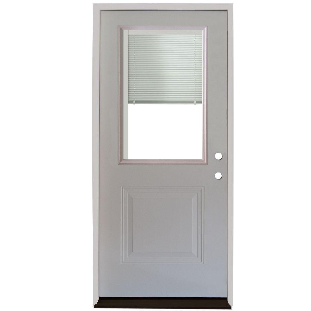 36 in. x 80 in. 1-Panel 1/2 Lite Mini-Blind Primed White Steel Prehung Front Door - Super Arbor