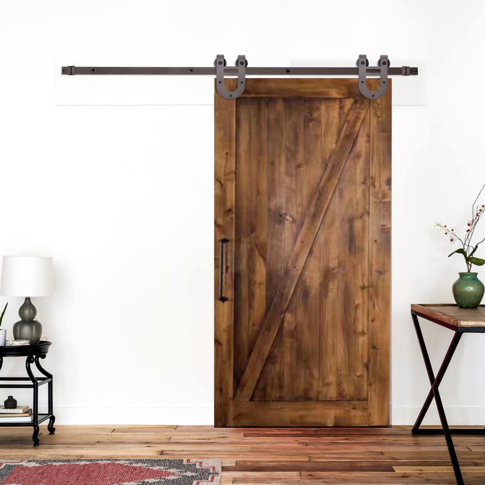 72 in. Antique Bronze Rustic Horseshoe Barn Style Sliding Door Track and Hardware Set - Super Arbor