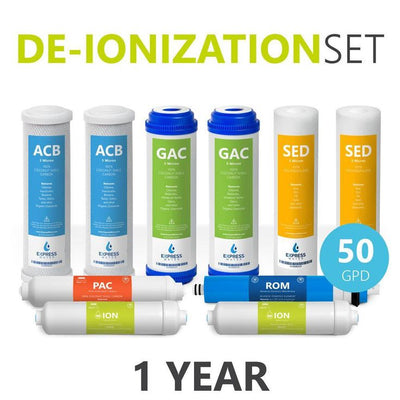 Express Water – 1 Year Deionization Reverse Osmosis System Replacement Filter Set – 10 Filters with 50 GPD RO Membrane