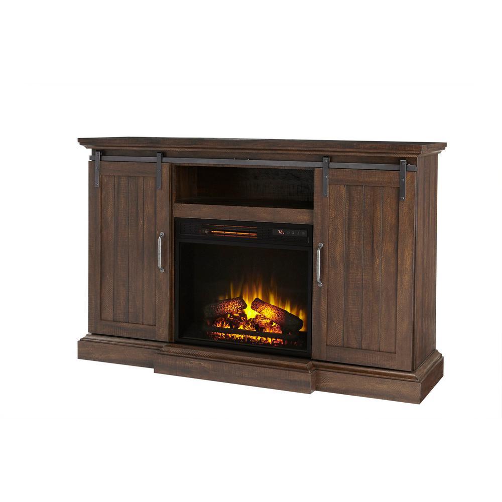 Chastain 56 in. Freestanding Media Console Electric Fireplace TV Stand with Sliding Barn Door in Rustic Walnut - Super Arbor