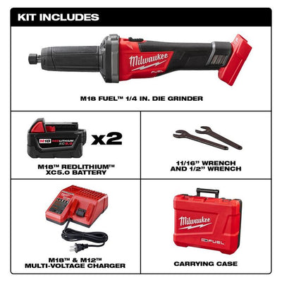 M18 FUEL 18-Volt Lithium-Ion Brushless Cordless 1/4 in. Die Grinder Kit W/(2) 5.0Ah Batteries, Charger & Hard Case